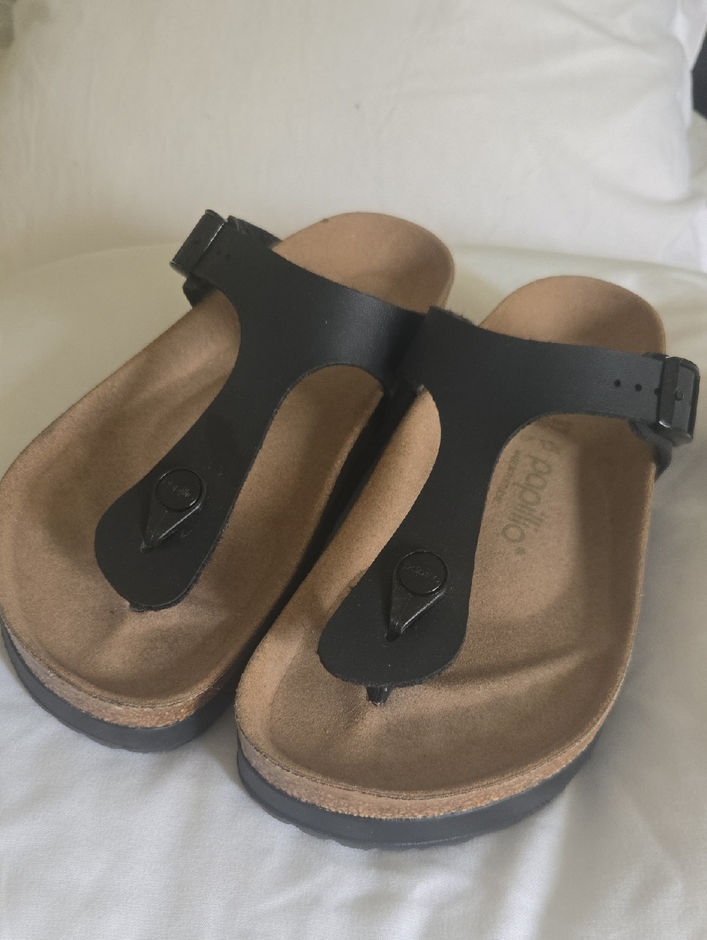 Papillio/Birkenstock Black T-strap Cork-Style Footbed Sandals
